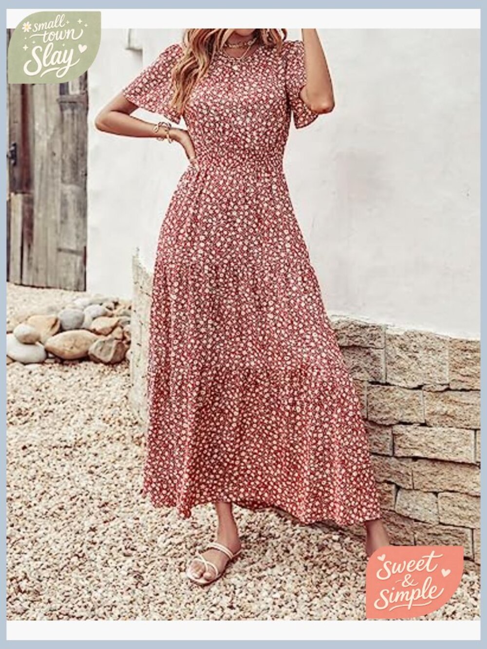 Short Flutter Sleeve Maxi Dress Smocked Waist Tiered Boho Flowy Summer - Picture 4 of 7